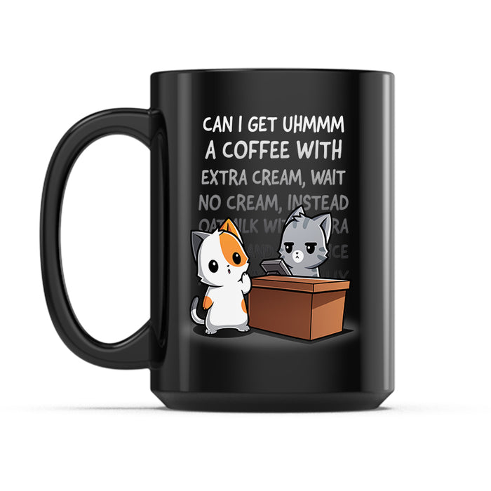 Ceramic Mug_TeeTurtle Eternal Coffee Order black mug featuring a cat making an eternally long coffee order to a barista.