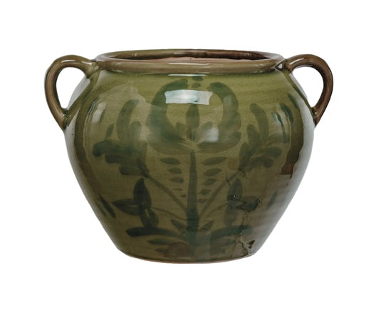 Green terracotta urn with handles