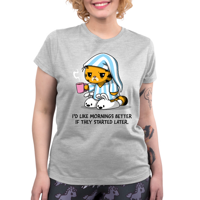 Premium Cotton T-shirt_TeeTurtle silver gray I'd Like Mornings Better If They Started Later apparel featuring a grumpy, tired Garfield wearing pajamas and holding a cup of coffee with the caption, "I'd Like Mornings Better If They Started Later".
