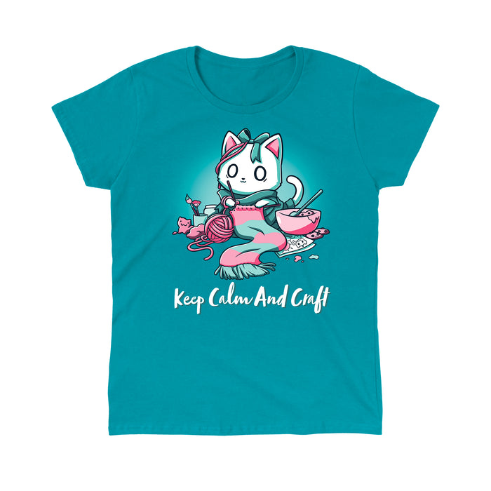 Classic Cotton T-shirt_Teeturtle Keep Calm and Craft Tropical Blue apparel featuring an anxious-looking cat surrounded by various crafting items with the words 'Keep Calm and Craft' below.