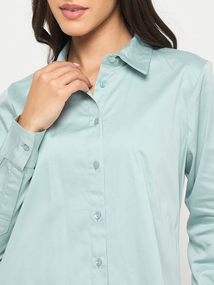 Madame Buttoned Front Solid Cotton Blend Green Shirt