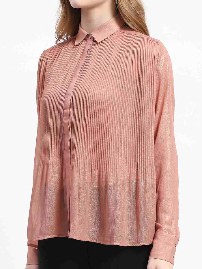 Madame Shimmer Pleated Hem Sheer Peach Shirt