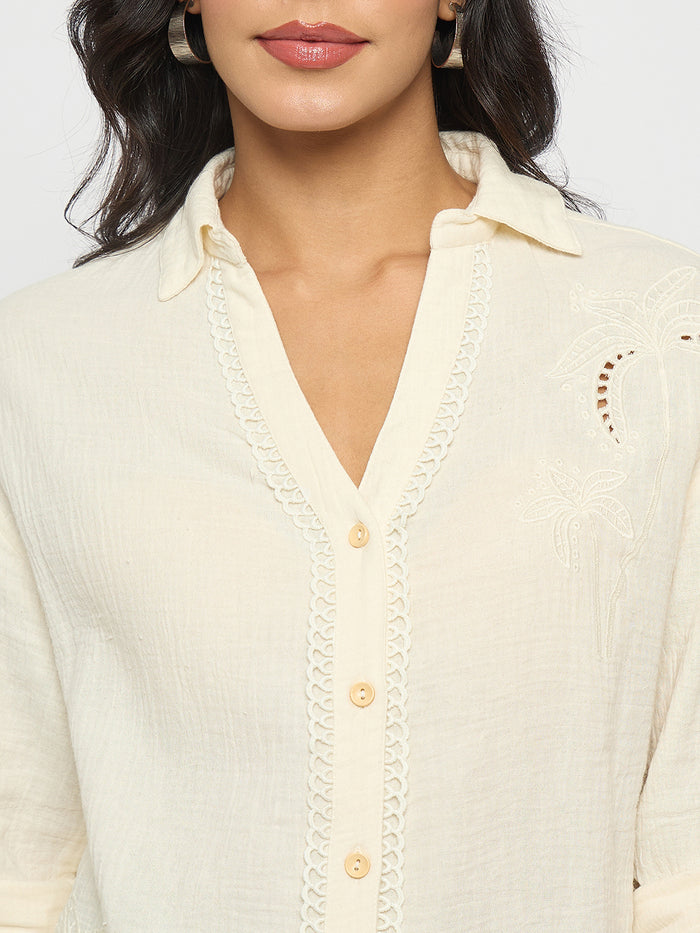 Madame Solid Off- White Cotton Shirt