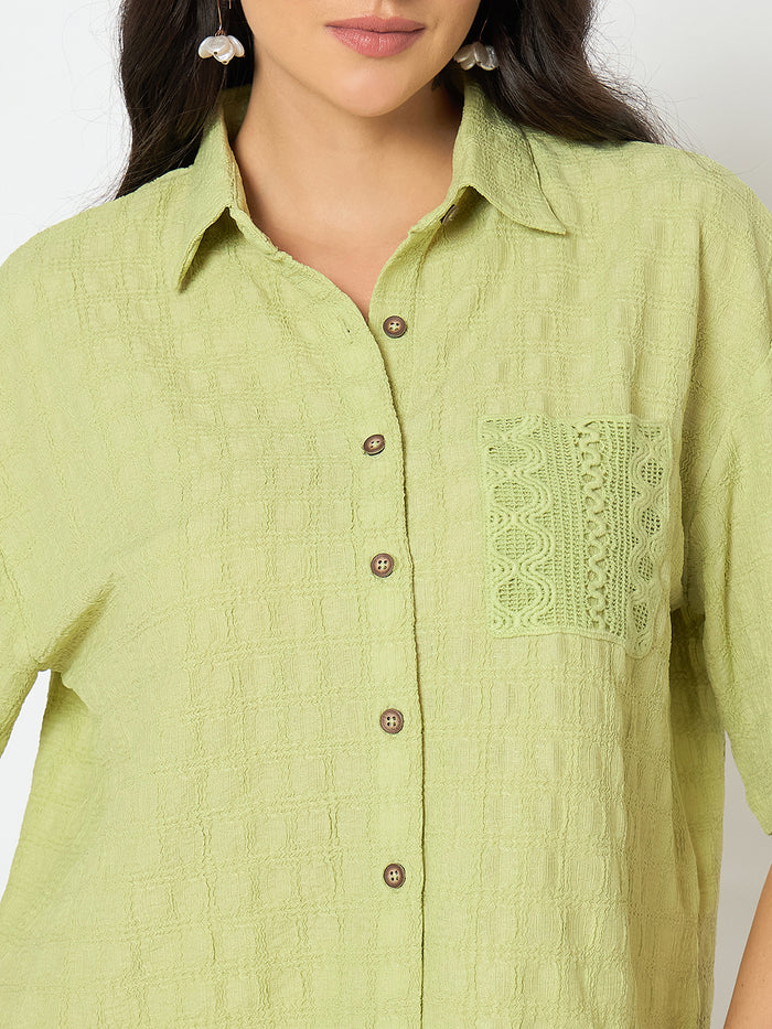 Madame Textured Pocketed Light Green Shirt