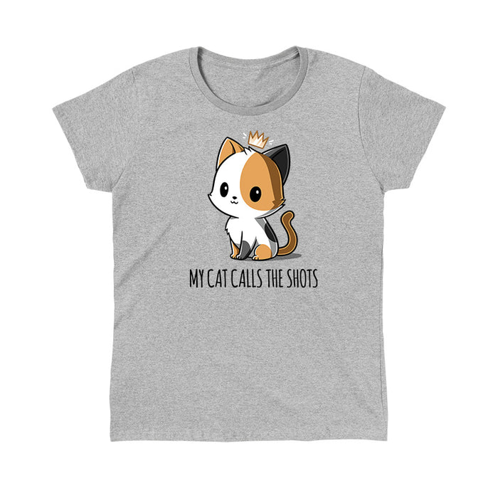 Classic Cotton T-shirt_TeeTurtle heather gray My Cat Calls the Shots apparel featuring a sitting calico cat with a floating crown, and the caption, “My Cat Calls the Shots”.