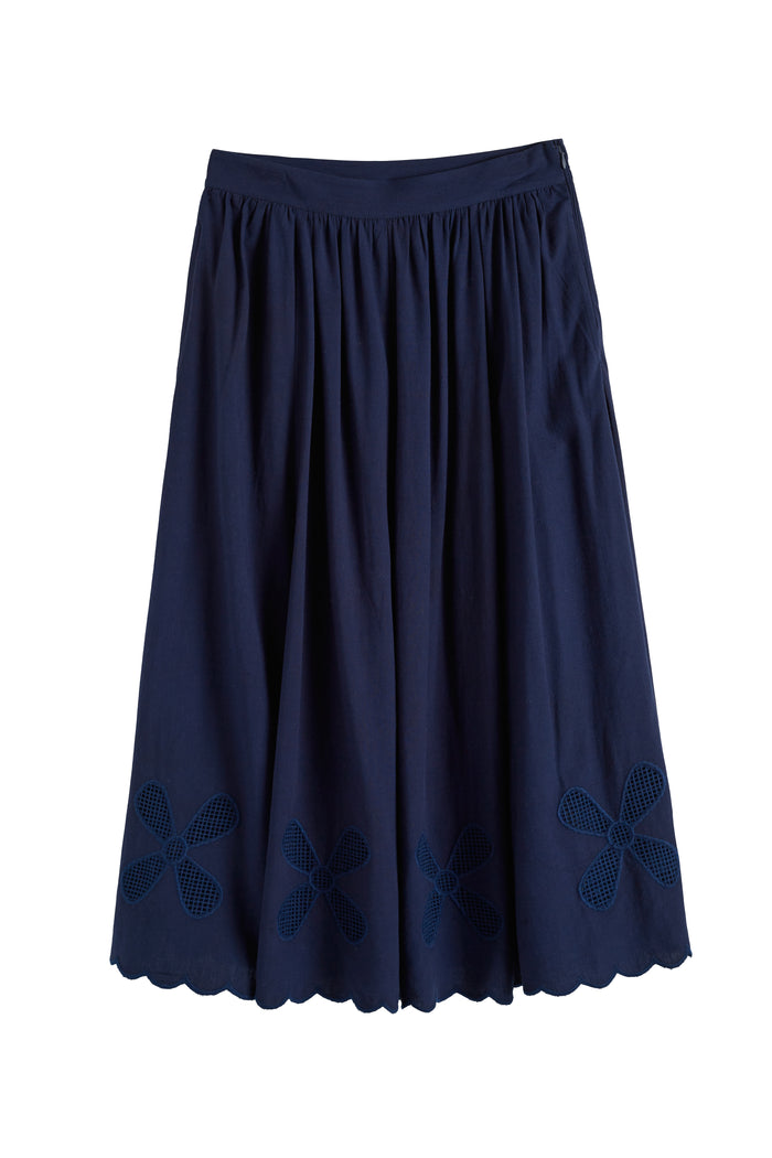 Navy Linen-Blend Broderie Skirt