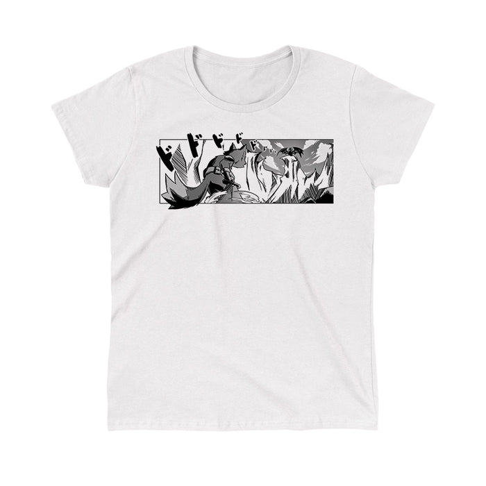 Classic Cotton T-shirt_TeeTurtle white The Final Showdown apparel featuring a wolf facing off against a dragon rendered in a classic manga style.