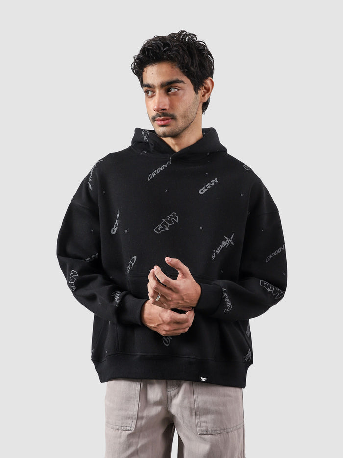 The Initial Hoodie flat lay allover initial graphic oversized Pakistan – GROOVY