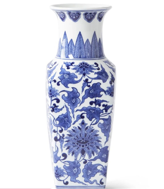 14 Inch Blue and White Square Vase