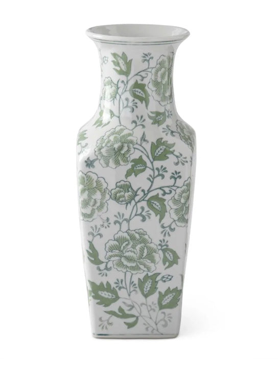 14 Inch round green and white floral ceramic vase