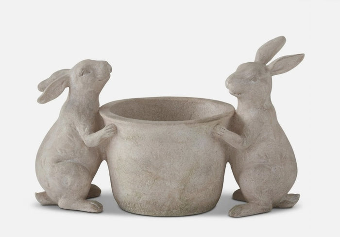 9.75 inch Tan Resin Faux Stone 2 rabbit pot