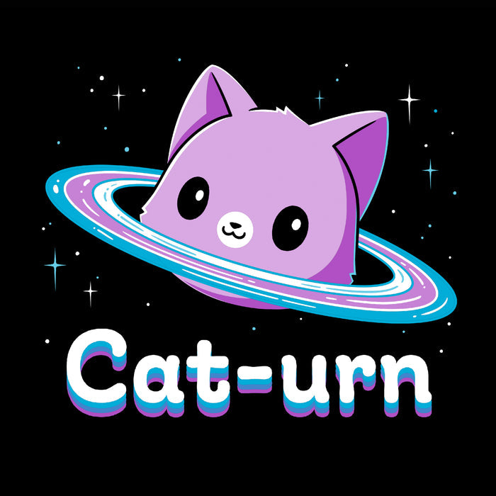 Premium Cotton T-shirt_Teeturtle Cat-urn black t-shirt featuring a cute cat head floating in space surrounded by stars and rings like Saturn and the word 'Cat-urn' written below it.