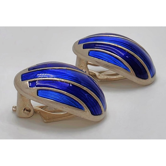 David Andersen Norway Sterling & Blue Guilloche Enamel Modernist Earrings 1950s, alternate product view 3