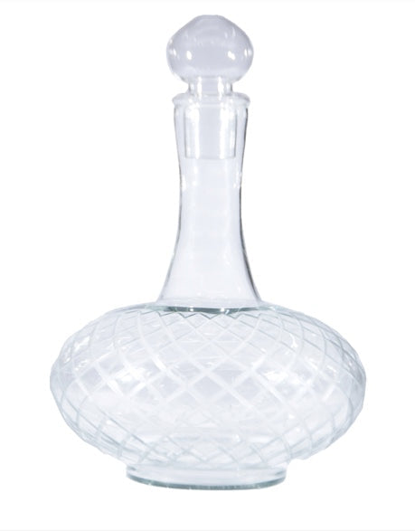 Etched glass decanter with diamond pattern