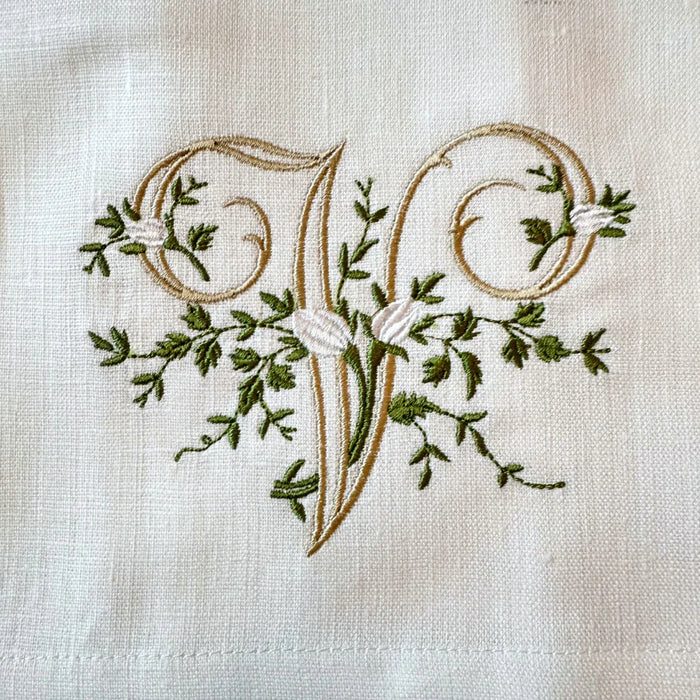 Floral Monogram V tea towel