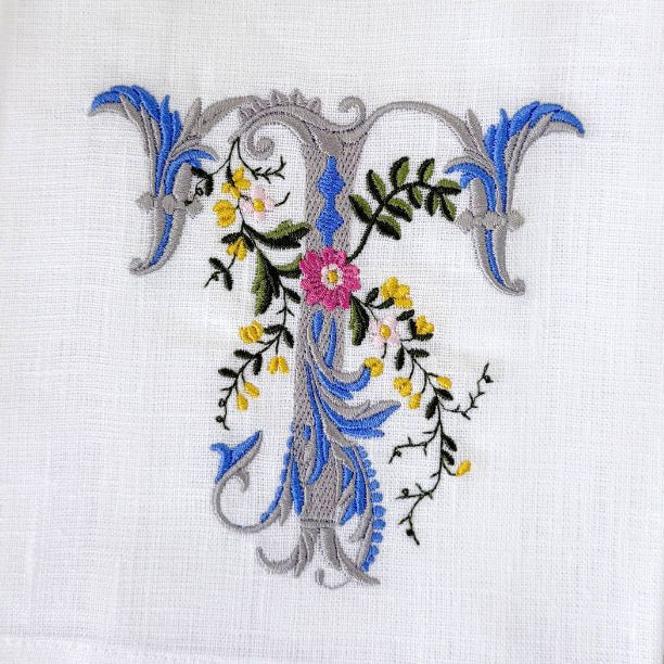 Heritage Floral Monogram T  tea towel