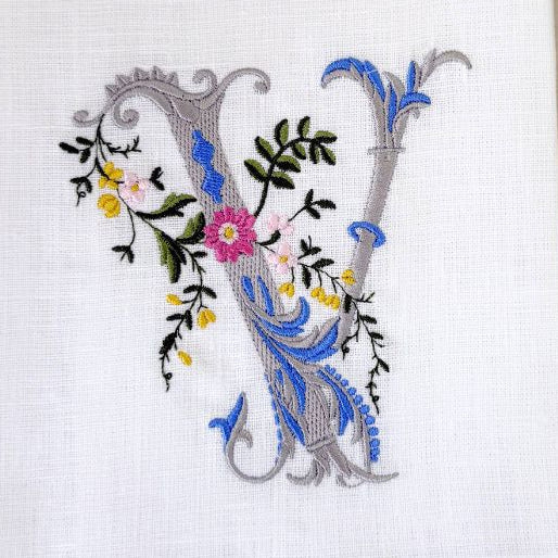 Heritage Floral Monogram V tea towel