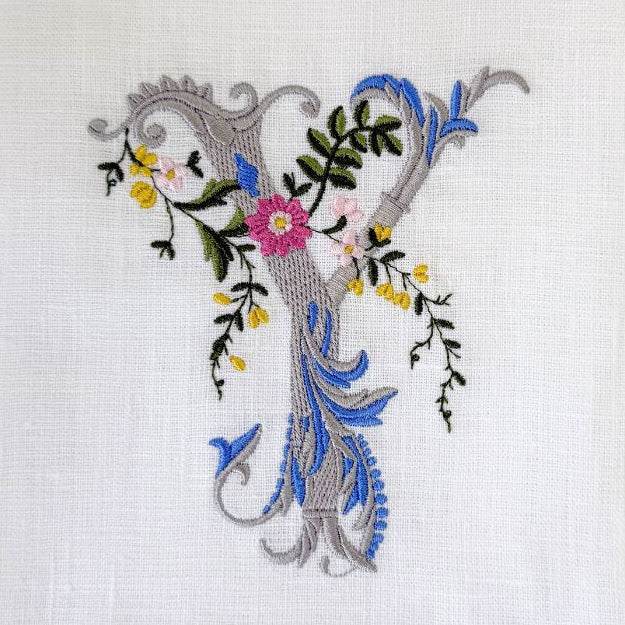 Heritage Floral Monogram Y tea towel