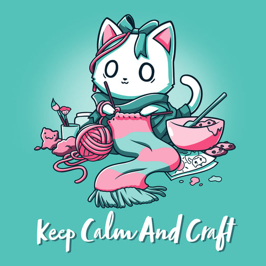 Premium Cotton T-shirt_Teeturtle Keep Calm and Craft Caribbean Blue apparel featuring an anxious-looking cat surrounded by various crafting items with the words 'Keep Calm and Craft' below.