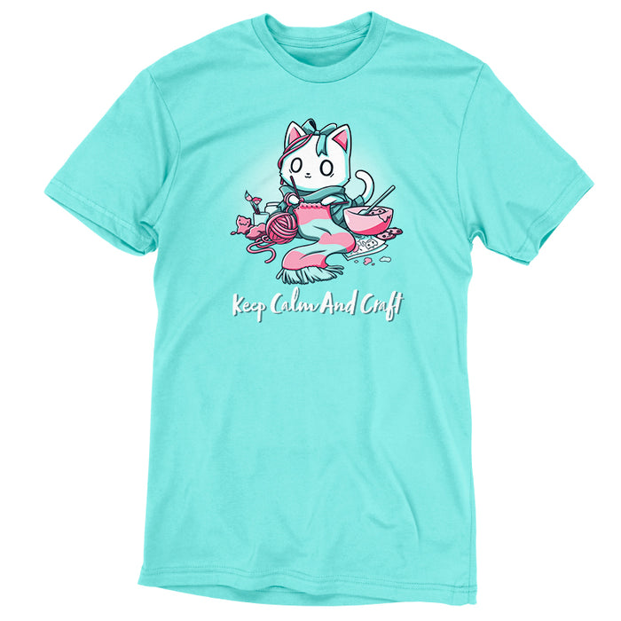 Premium Cotton T-shirt_Teeturtle Keep Calm and Craft Caribbean Blue apparel featuring an anxious-looking cat surrounded by various crafting items with the words 'Keep Calm and Craft' below.
