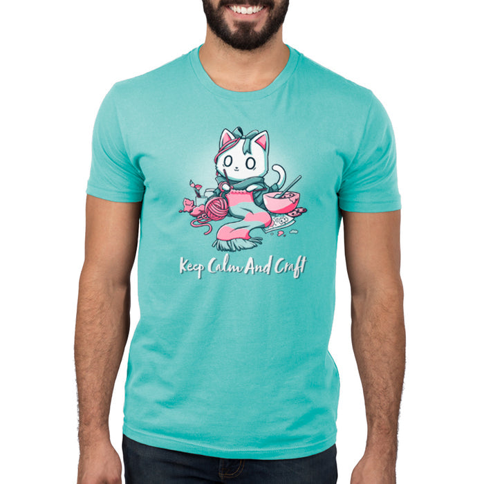 Premium Cotton T-shirt_Teeturtle Keep Calm and Craft Caribbean Blue apparel featuring an anxious-looking cat surrounded by various crafting items with the words 'Keep Calm and Craft' below.