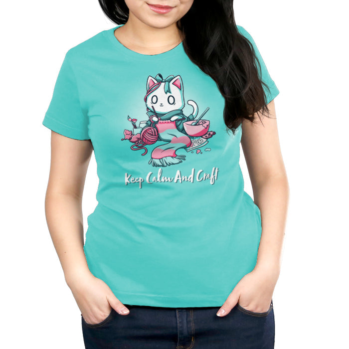 Premium Cotton T-shirt_Teeturtle Keep Calm and Craft Caribbean Blue apparel featuring an anxious-looking cat surrounded by various crafting items with the words 'Keep Calm and Craft' below.