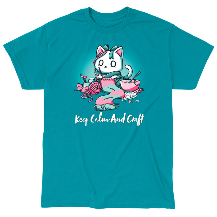 Classic Cotton T-shirt_Teeturtle Keep Calm and Craft Tropical Blue apparel featuring an anxious-looking cat surrounded by various crafting items with the words 'Keep Calm and Craft' below.