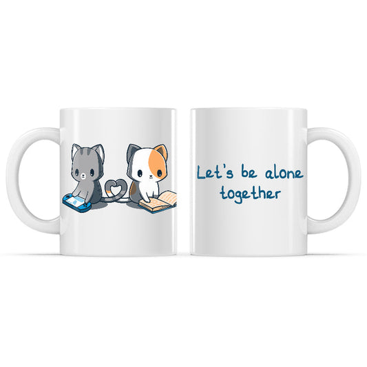 Ceramic Mug_TeeTurtle Let's Be Alone Together white mug featuring a cat playing video games, and a cat reading a book with their tails forming a heart between them.