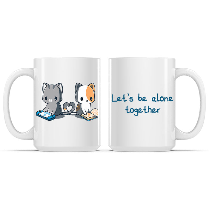 Ceramic Mug_TeeTurtle Let's Be Alone Together white mug featuring a cat playing video games, and a cat reading a book with their tails forming a heart between them.
