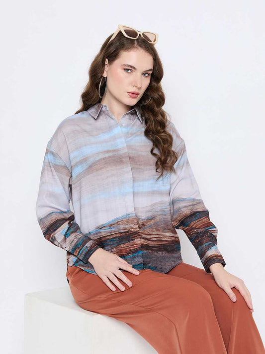 Madame Abstract Print Button Down Sky Blue Shirt Collar Shirt