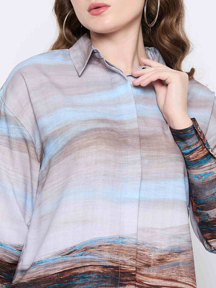 Madame Abstract Print Button Down Sky Blue Shirt Collar Shirt