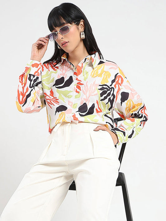 Madame Abstract Print Buttoned Off White Linen Shirt