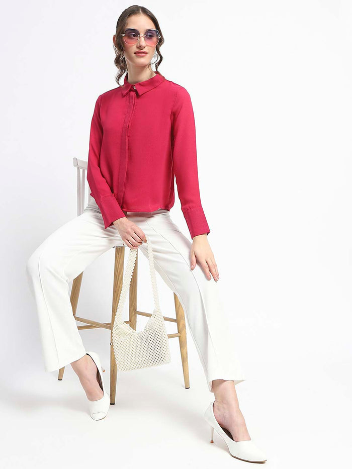 Madame Embellished Button Down Solid Hot Pink Shirt