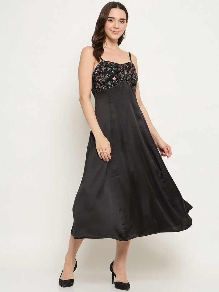 Madame Embroidered Midi Black Dress