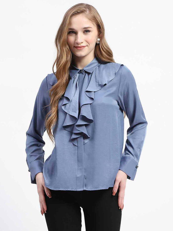 Madame Ruffle Collar Solid Blue Shirt
