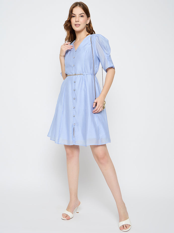 Madame Textured Belted Blue Mini A Line Dress