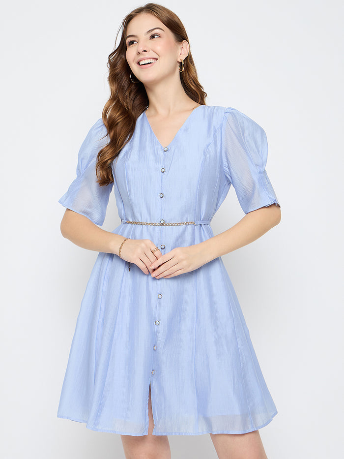 Madame Textured Belted Blue Mini A Line Dress