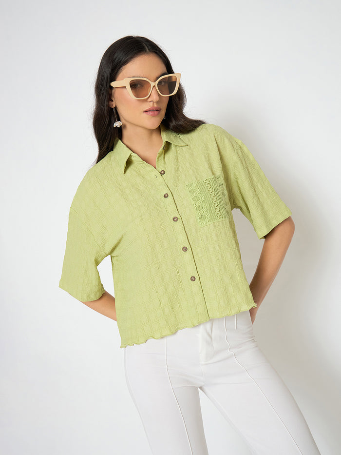 Madame Textured Pocketed Light Green Shirt