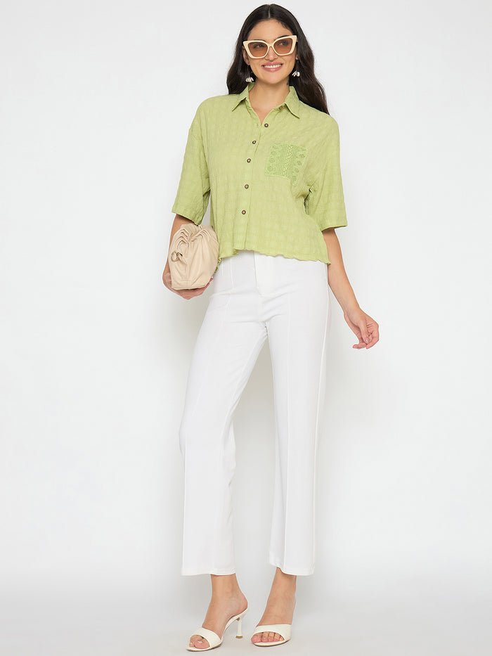 Madame Textured Pocketed Light Green Shirt