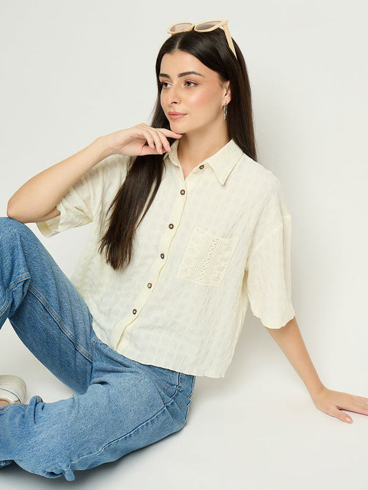 Madame Textured Pocketed Off White Shirt
