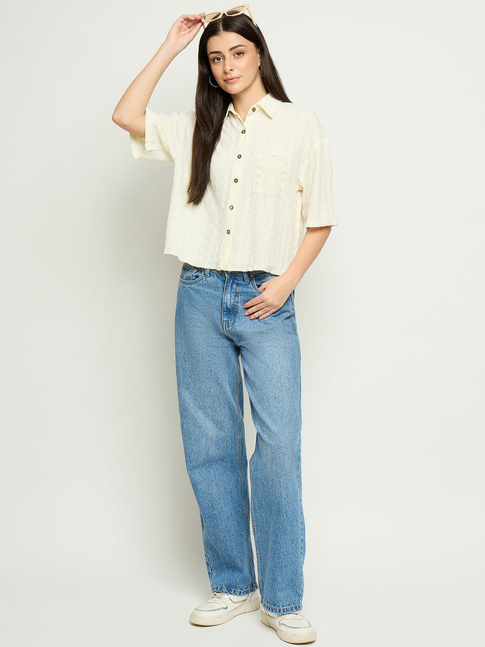 Madame Textured Pocketed Off White Shirt