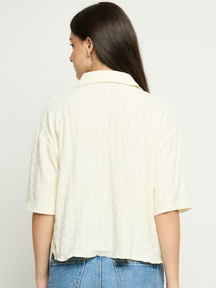 Madame Textured Pocketed Off White Shirt