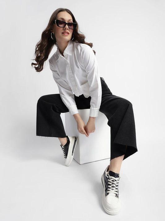 Madame White Front Flap Pocket Crop Shirt