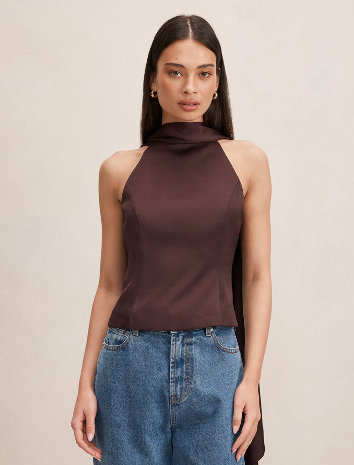 Millie High Neck Cape Top Chocolate Forever New