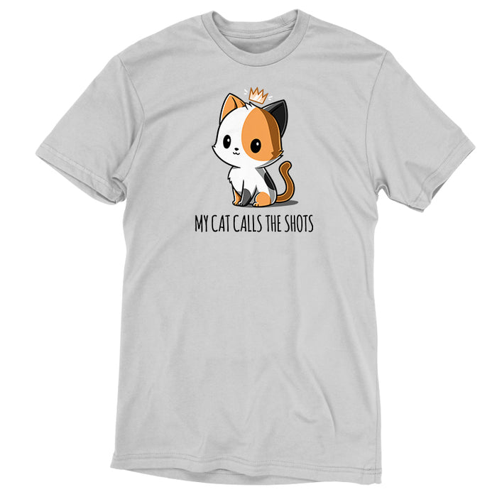 Premium Cotton T-shirt_TeeTurtle silver gray My Cat Calls the Shots apparel featuring a sitting calico cat with a floating crown, and the caption, “My Cat Calls the Shots”.