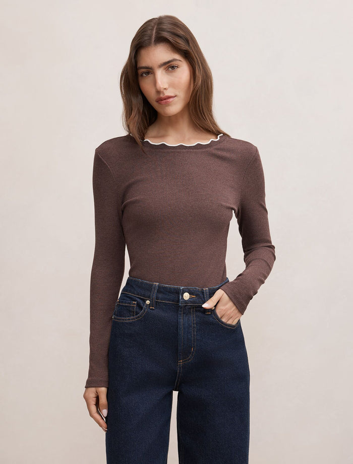 Rebecca Scallop Long Sleeve Top Cocoa Marle Porcelain Forever New