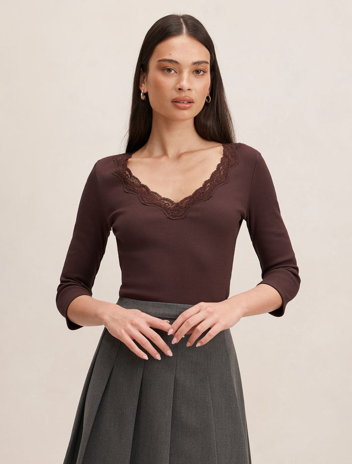 Selena Trim Lace Long Sleeve Top Chocolate Forever New