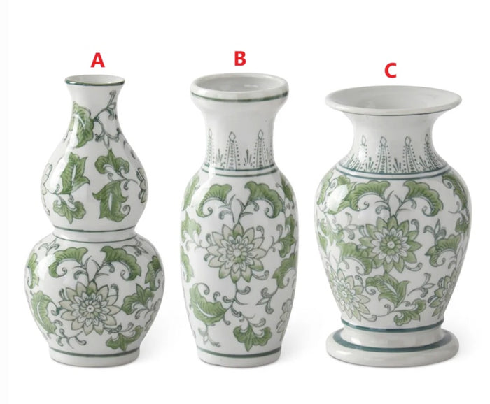 Set of 3 green and white bud vases