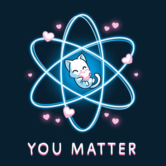 Premium Cotton T-shirt_TeeTurtle navy blue You Matter featuring a cat hugging a heart, surrounded by an atomic structure with more hearts around and the words "You Matter" underneath.